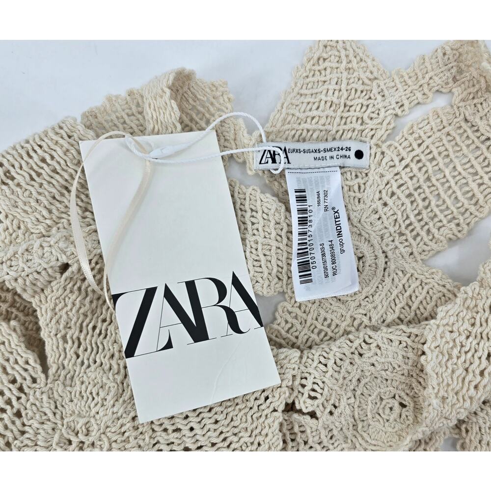 Zara Crochet Floral Knit Dress XS/S Cream Boho Beach Cover Up Resort Festival - Picture 2 of 6